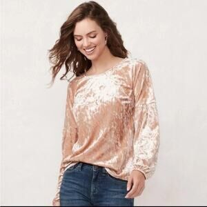 LC Lauren Conrad Pink Crushed Velvet Puff Sleeve Long Sleeve Top Size XL